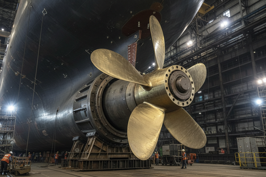 大型コンテナ船の船尾管、スクリュー込みの写真