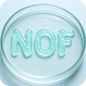 Clear hydrogel molded into the letters NOF in a glass petri dish