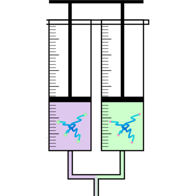 Dual-barrel syringe holding one PEG solution in each barrel, joined at a single outlet