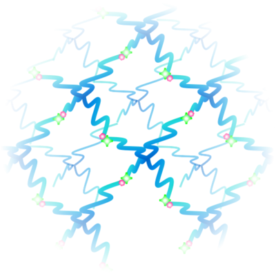 Network of 4-arm PEGs linked where green and pink terminal groups meet
