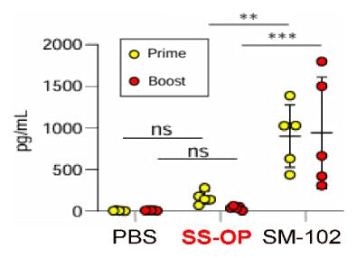 Scatter plot of plasma IFN-alpha after prime and boost. SS-OP stays below about 300 pg/mL, while SM-102 averages about 900 to 1,000 pg/mL.